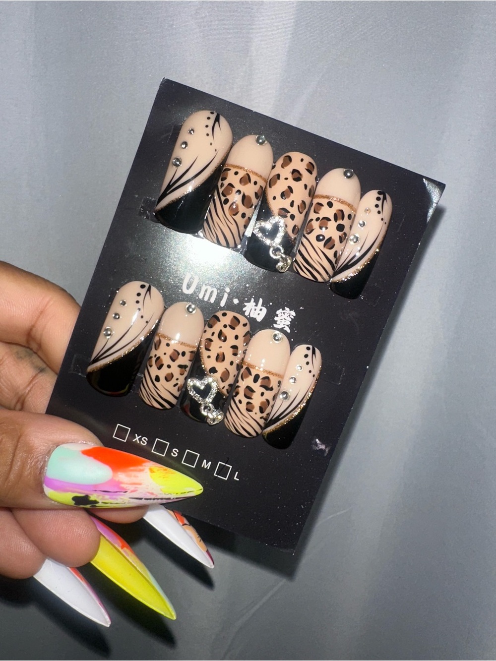 Nude & Black Leopard Print Press-On Nails with Rhinestones